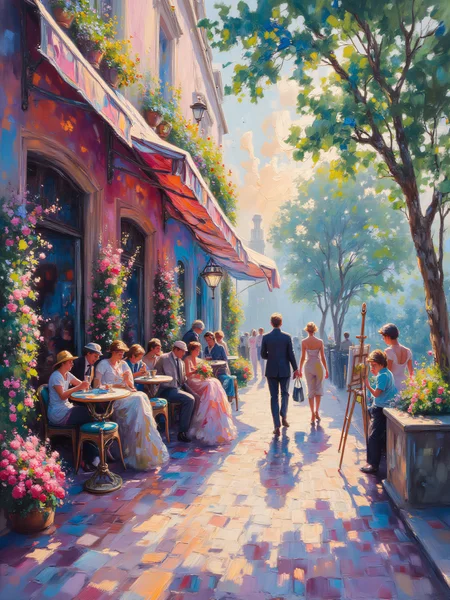 ArsMJStyle, ((Impressionism )), A lively outdoor café in Montmartre, with patrons seated at small round tables under striped awnings. Artists work at easels nearby, capturing the colorful atmosphere. Bright dresses, vivid flowers, and animated conversations blend into a vibrant tapestry of Parisian life.