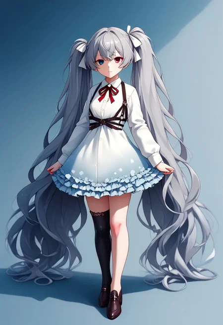 (masterpiece,best quality,ultra_detailed,highres,absurdres:1.2), zuppu11, score_9, score_8_up, full body, human, solo, female focus, 25-jimiku, grey hair, twintails, hair ribbon, heterochromia, blue eyes, red eyes, look at viewer, frills, white dress, frilled dress, neck ribbon, red ribbon, chest harness, long sleeves, single thighhigh, black thighhighs, Expressiveh