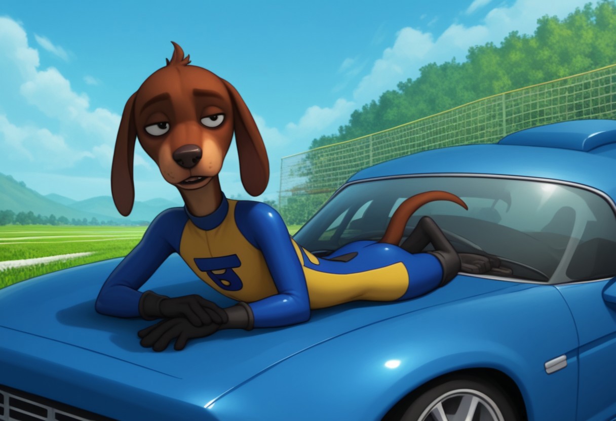 score_9, score_8_up, score_7_up, score_6_up, score_5_up, score_4_up, source_furry
anthro, ((1boy, solo)), brown fur, dog, long floppy ears, dachshund, strut, bodysuit, slim body
BREAK
detailed background, raceway pitstop scenery, leaning against blue car