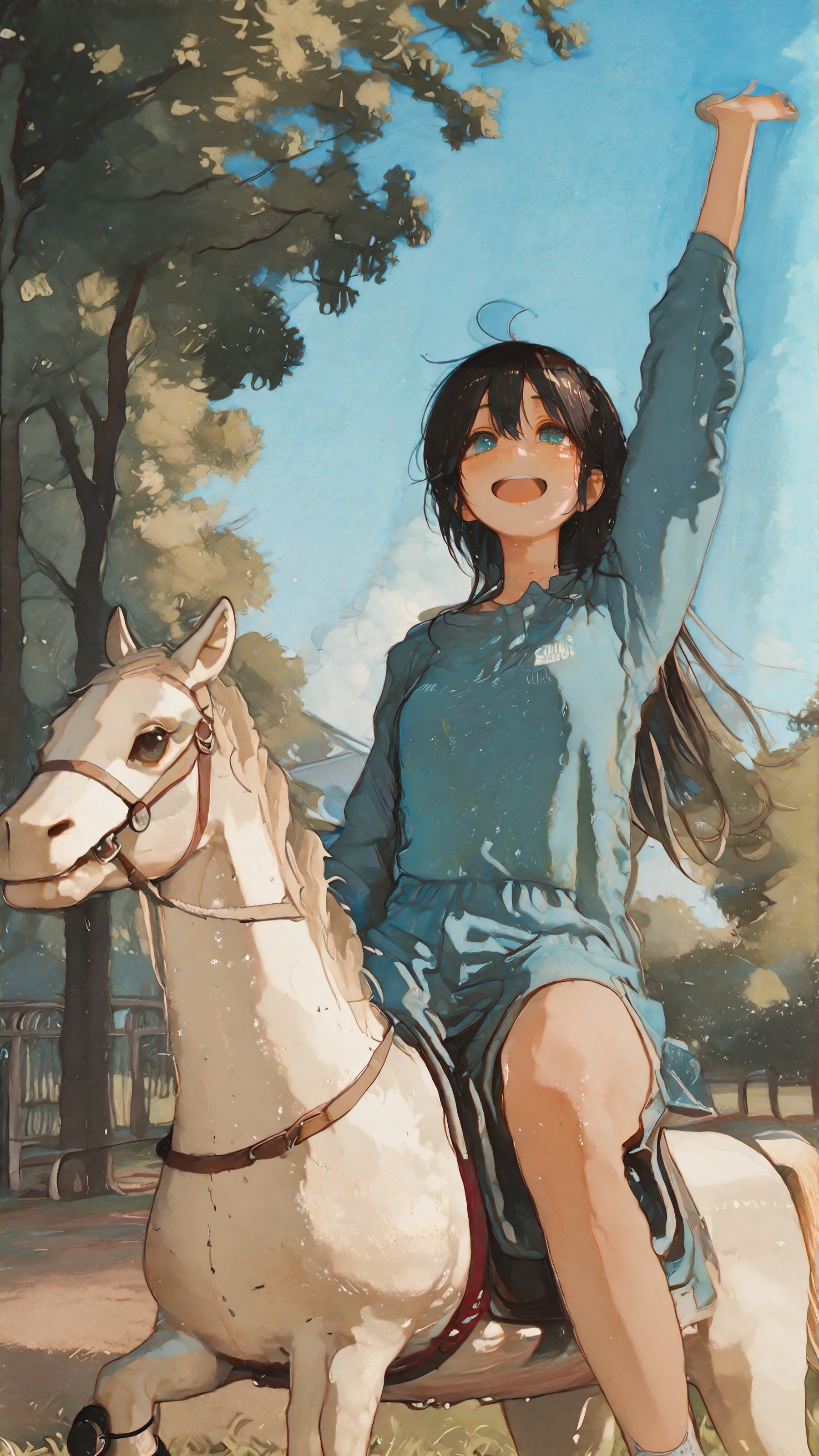 masterpiece, newest,absurdres,incredibly absurdres, best quality, amazing quality, very aesthetic, mixed media, 
(1girl), riding rocking horse, happy, one arm outstreched, park, focus face,
<lora:ka_marukogedago:1> k4_illu,<lora:Dzenrei:1> dzenrei <lora:aosiai123_style:1> traditional media,  aosiai123_illu