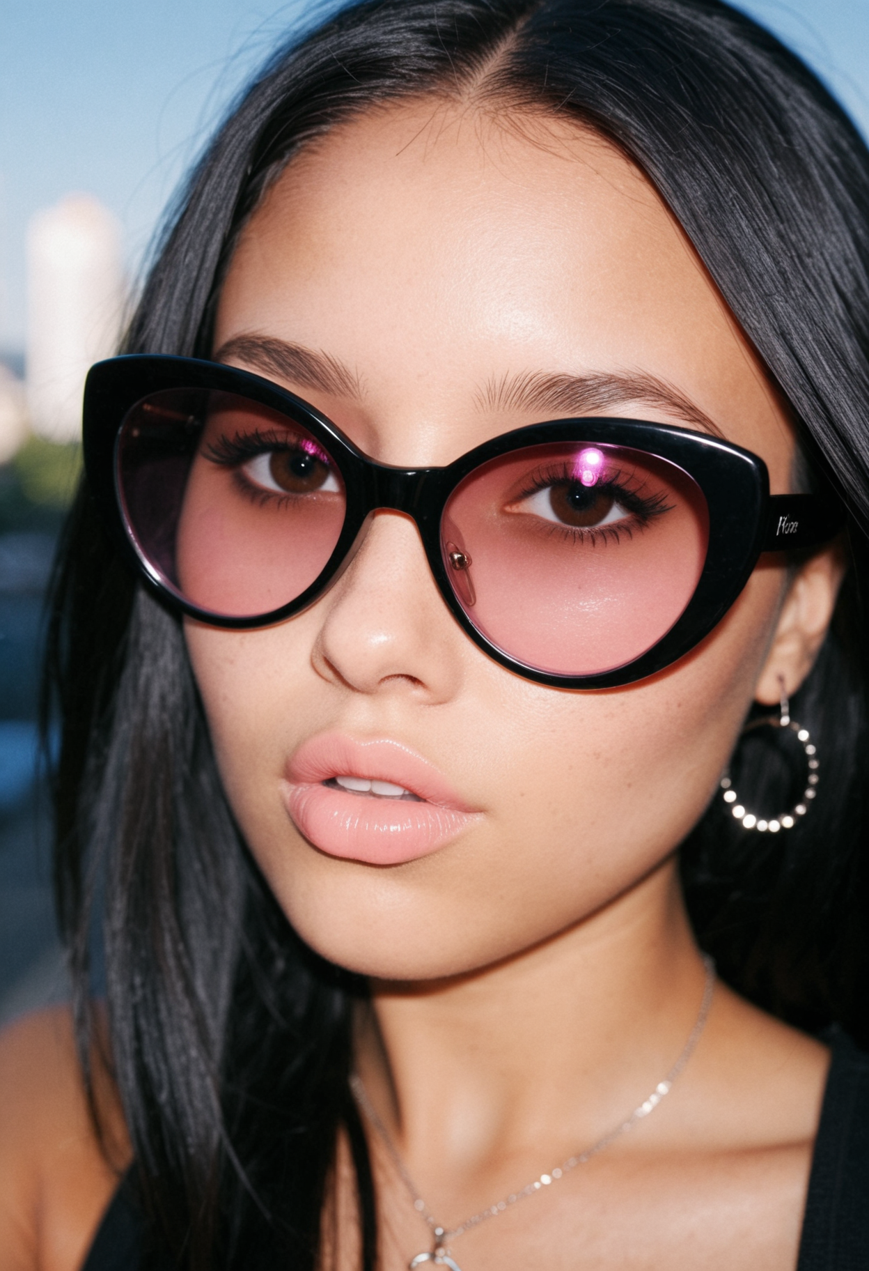 2001 disposable camera photo of a trendy Bratz doll-inspired 3D portrait of a chic young woman with glossy big lips, perfect smooth skin, and oversized almond eyes. She has sleek, shoulder-length black hair with a soft side part. She wears tiny oval sunglasses with pink lenses and a minimal black top. The vibe is sassy, Y2K aesthetic, with a subtle cityscape blur in the background. High-quality render, soft studio lighting, slight gloss on lips and sunglasses, doll-like proportions. Vertical format, centered composition, perfect for Instagram Story.