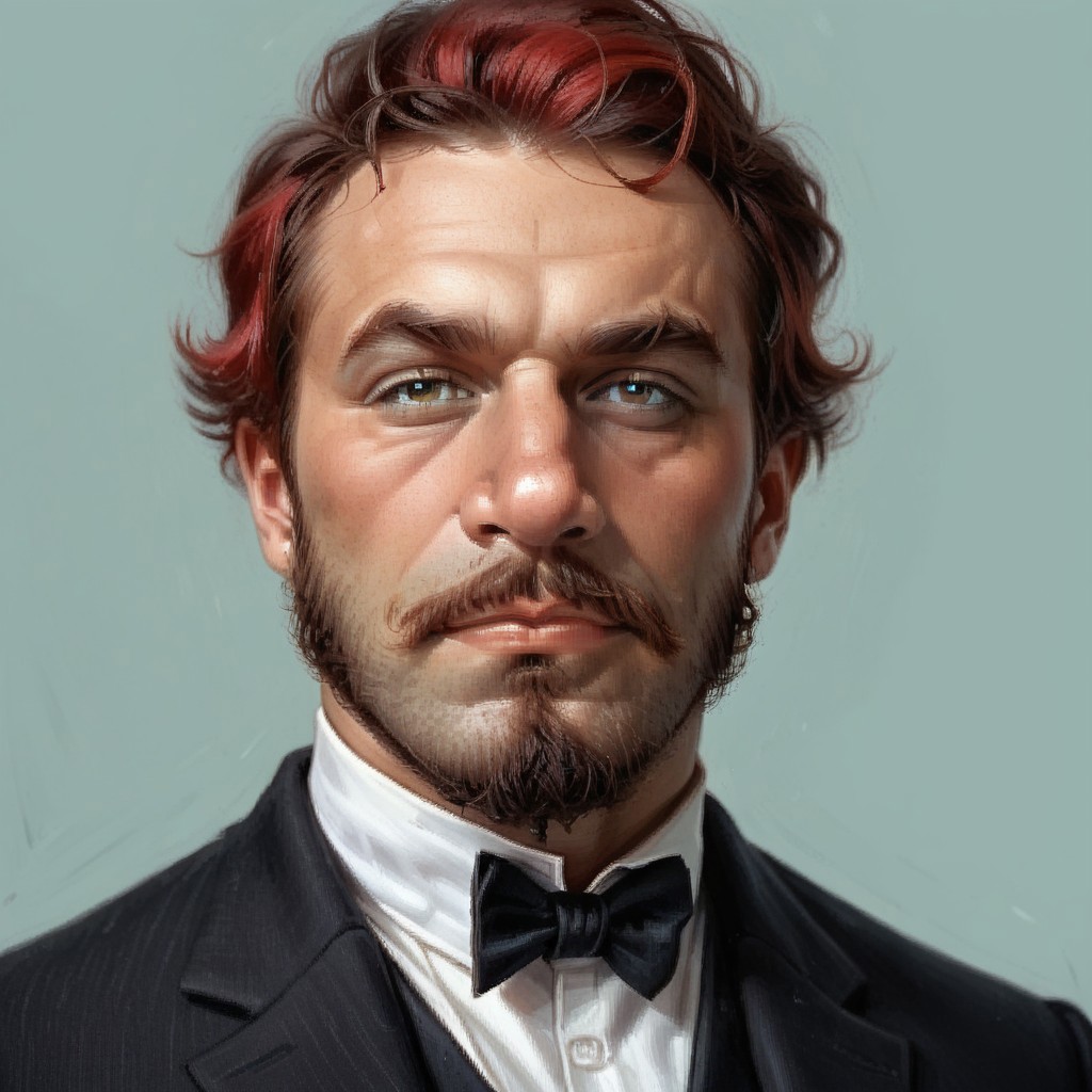 score_8, score_8_up, score_7_up, arcanum_portrait, portrait, traditional media, solo, simple background, 1boy, solo, male focus, facial hair, beard, red hair, goatee, smug, suit, adult