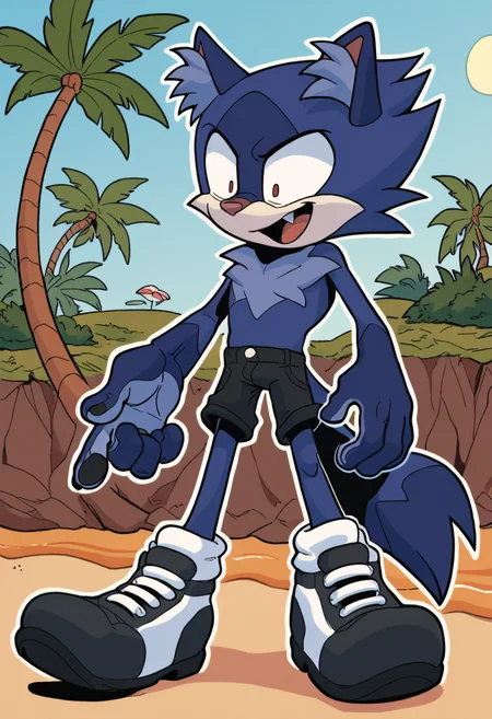 score_9, score_8_up, score_7_up, score_6_up, score_5_up, score_4_up, 1boy, solo, furry male, male furry, exposed shoulder, beach, fuckwolfamy, Fixhand, palm tree, ((tiny woman)), ((outlines)), thick outlines, <lora:FWAV2a-20:0.8> , ((flat color)) , serious, thin legs, slim, slender, <lora:Duo_the_Cat:0.9> duothecat, blue fur, cat ears, animal nose, animal ear fluff, pointy hair, happy, constricted pupils, scared, sharp teeth, sunglasses, blue hands, life preserver, shirt with red and white stripes, shorts, fang, laughing, white fur, hair chest, full body