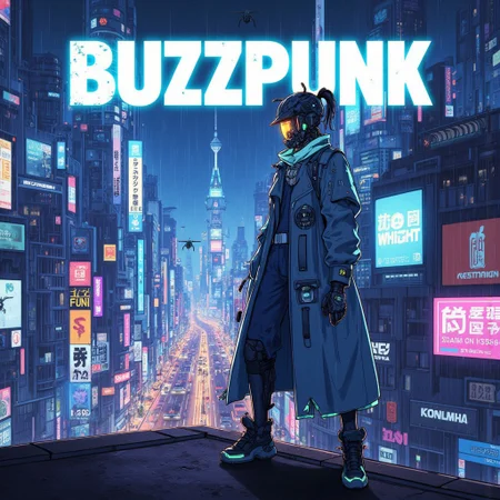 anime, cyberpunk, (((text says "BUZZPUNK" like cinematic title cover, focus on text))), Amidst the sprawling mega-city of Techno-Rebellion, the night is alive with the glow of neon signs and holographic projections. The rain pours down in torrents, creating rivers of light that flow through the alleys and streets. In the heart of this urban jungle, a figure clad in a sleek, reflective trench coat stands atop a rooftop, overlooking the chaos below. Their face is partially obscured by a high-tech visor, displaying streams of data. Cybernetic enhancements glint under the neon lights, hinting at their formidable abilities. The city's skyline is dominated by towering skyscrapers, each adorned with glowing advertisements and corporate logos. Drones zip through the air, maintaining constant surveillance. In the distance, a colossal digital billboard flickers, displaying the word "Techno-Rebellion" in bold, electrifying letters, symbolizing the rising resistance against the oppressive megacorporations, there are no bees,