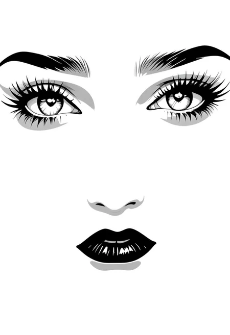 psztzz, solo, 1girl, monochrome, eyelashes, lips, looking at viewer, white background, simple background, close-up, portrait, portrait, vector art, flat coloring, cel shaded, cel shading, illustration, vector illustration, vector coloring