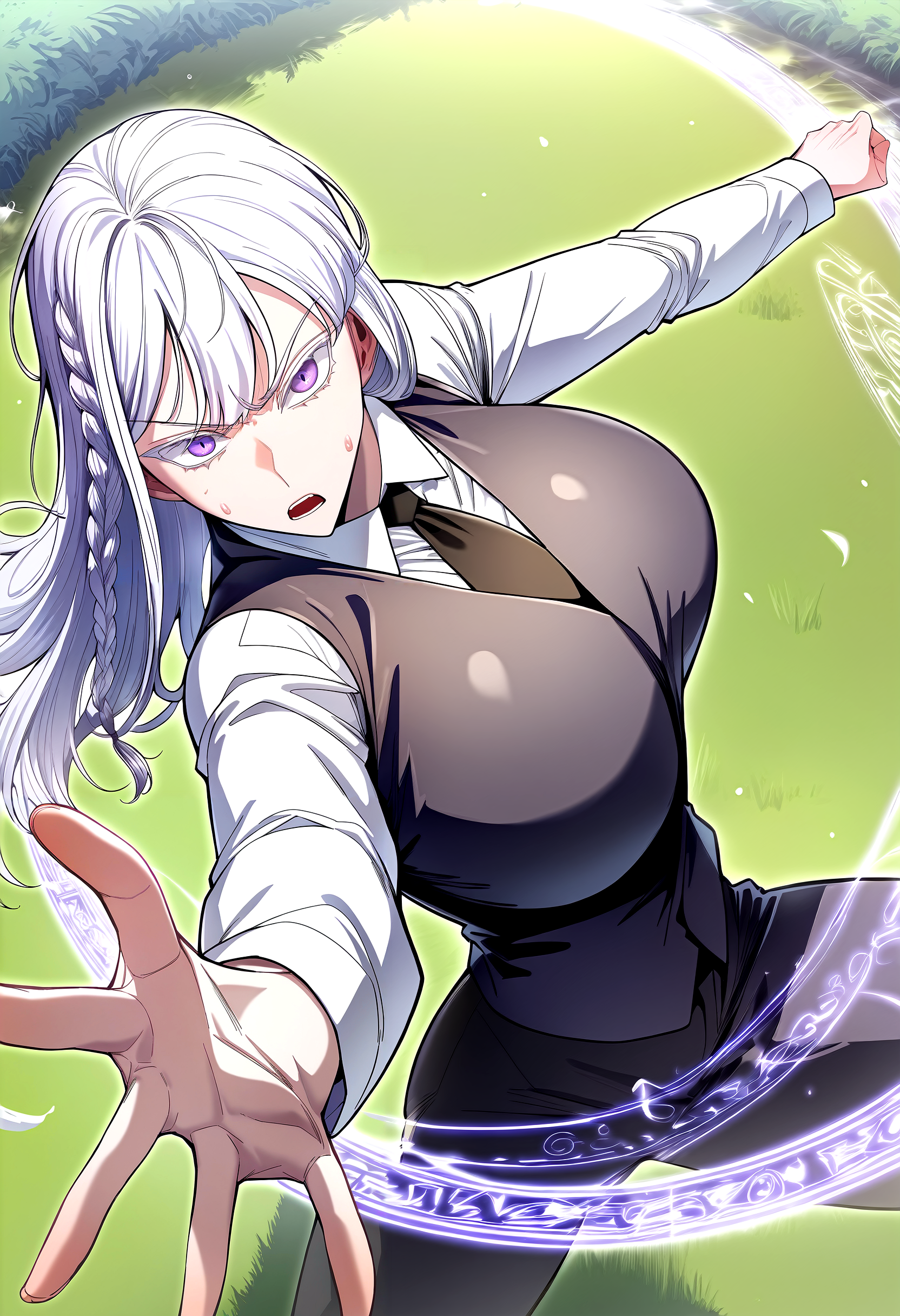 score_9, score_8_up, score_7_up, score_6_up, source_anime, rating_explicit, <lora:neg4all_bdsqlsz_V3.5:2.0>1girl, (solo:1.1), huge breasts, <lora:high priestponyxl:1> long hair, purple eyes, side braid, bangs, white hair, long sleeves, collared shirt, white shirt, black necktie, black pants, black vest, serious, open mouth, Narrow shoulders, heavy breathing, sweat, steaming body, grasslands, outdoor, looking at viewer, magic circle, (fighting stance:1.2)