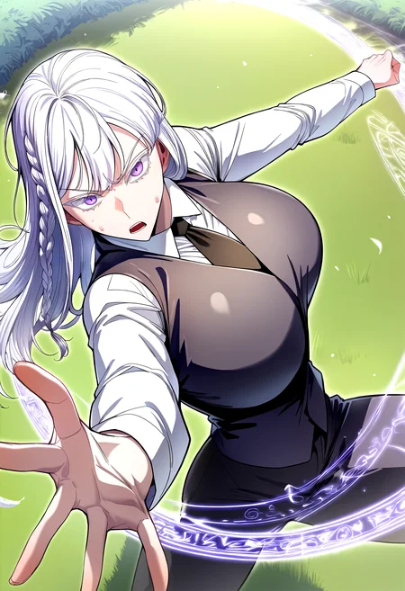 score_9, score_8_up, score_7_up, score_6_up, source_anime, rating_explicit, <lora:neg4all_bdsqlsz_V3.5:2.0>1girl, (solo:1.1), huge breasts, <lora:high priestponyxl:1> long hair, purple eyes, side braid, bangs, white hair, long sleeves, collared shirt, white shirt, black necktie, black pants, black vest, serious, open mouth, Narrow shoulders, heavy breathing, sweat, steaming body, grasslands, outdoor, looking at viewer, magic circle, (fighting stance:1.2)