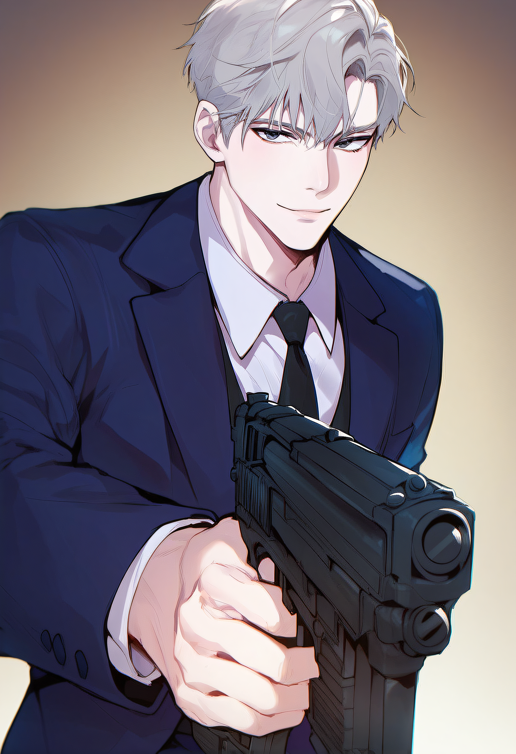 embedding:Pony\Positive\zPDXL3, score_9, score_8_up, score_7_up, score_6_up, passion_ilay, grey hair, grey eyes, weapon, 1boy, gun, male focus, solo, holding weapon, necktie, holding, formal, suit, holding gun, looking at viewer