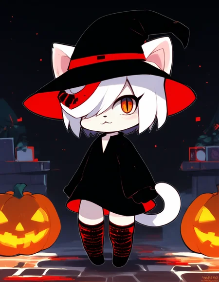 <lora:Neco_Sage:1> neco sage, :3, furry female, chibi, 1girl, solo, BREAK  <lora:Zankuro_Style_Pony:0.8> zankuro, witch hat, witch, halloween, carved pumpkin, outdoors, thighhighs,, score_9, score_8_up, score_7_up, score_6_up, score_5_up, score_4_up,