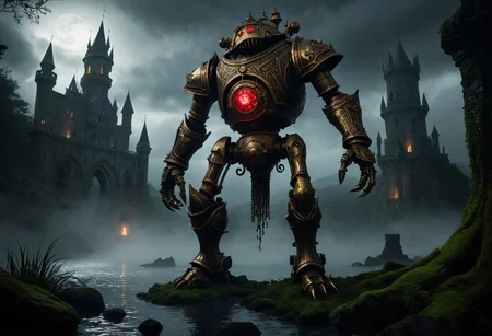 giant bipedal robot brass and dark ivory and red striped paint, bronze paisley robot. lacy robot metal. spiked helmet head. outside of a steampunk keep. large detailed torso. dark image. one forty foot tall ancient robot with great arms and two heavy spring legs. dark foggy night background. $dark foggy night image only. dark photo realistic image. steampunk details. cogs, chains and pipes incorporated in the fantasy buildings. magic wizards tower in background. Dark swamp, moss, castle ruins, wizards tower. stormy dark night. stormy sky. rain
