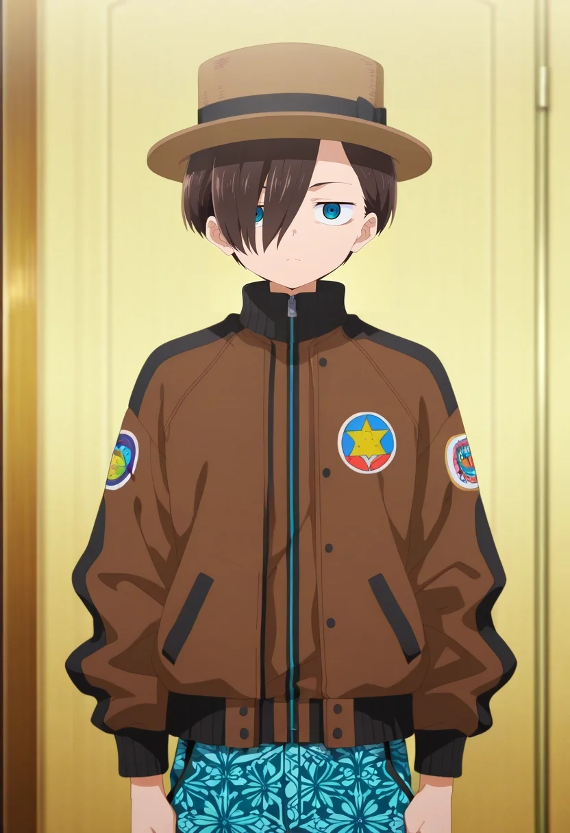 masterpiece, best quality, intricate details, anime screencap, anime coloring, official style, looking at viewer, 1boy, solo, male focus, <lora:kyoutarou_ichikawa_ilxl:0.96>, kyoutarou_ichikawa, brown hair, blue eyes, short hair, hair over one eye, bangs, , Damask OliveGreen Abstract Linen trousers, Jersey Bomber jacket, , Boater hat,