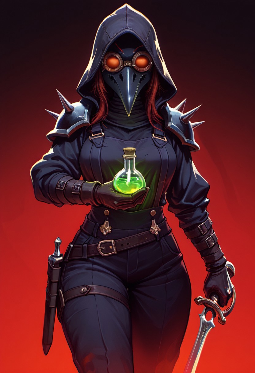 masterpiece, best quality,
1girl, solo, beutiful person dressed in a dark, edgy outfit reminiscent of a plague doctor, complete with a long beak-like mask and large goggles. They are depicted in a strong, confident pose, holding a green potion or vial in one hand while brandishing a curved dagger in the other. The background features a dramatic red hue that creates a striking contrast with the character's dark attire. Spiked armor adorns their shoulders, enhancing the menacing appearance. The overall aesthetic conveys a vibe of power and danger, likely inspired by themes of alchemy or dark fantasy.