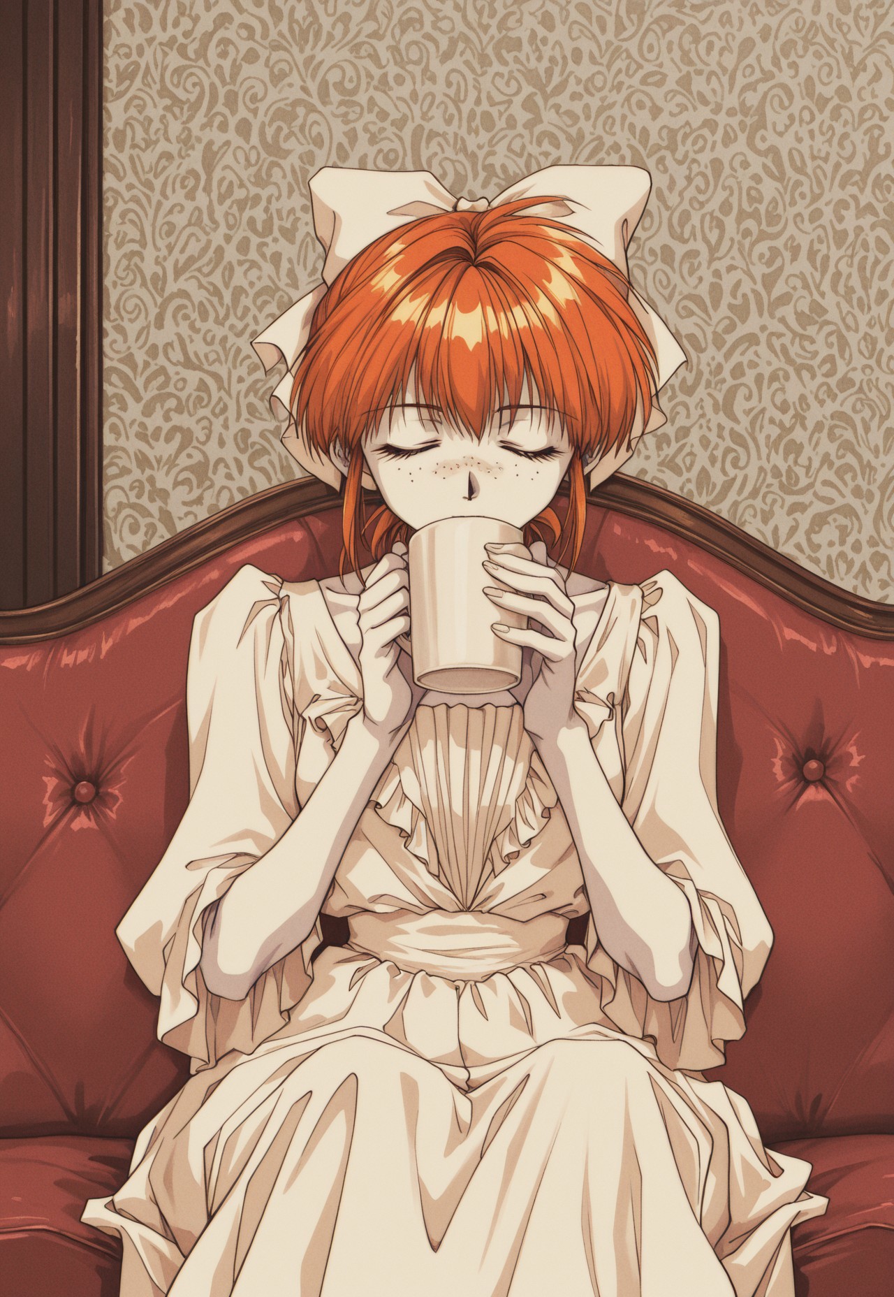 MinekuraStyle, official art, cover, 1990s style, retro artstyle, film grain, BREAK
1girl, sitting, indoors, on couch, holding cup, closed eyes, drinking, white dress, elegant outfit, white hair bow, orange hair, freckles, pale skin, manor