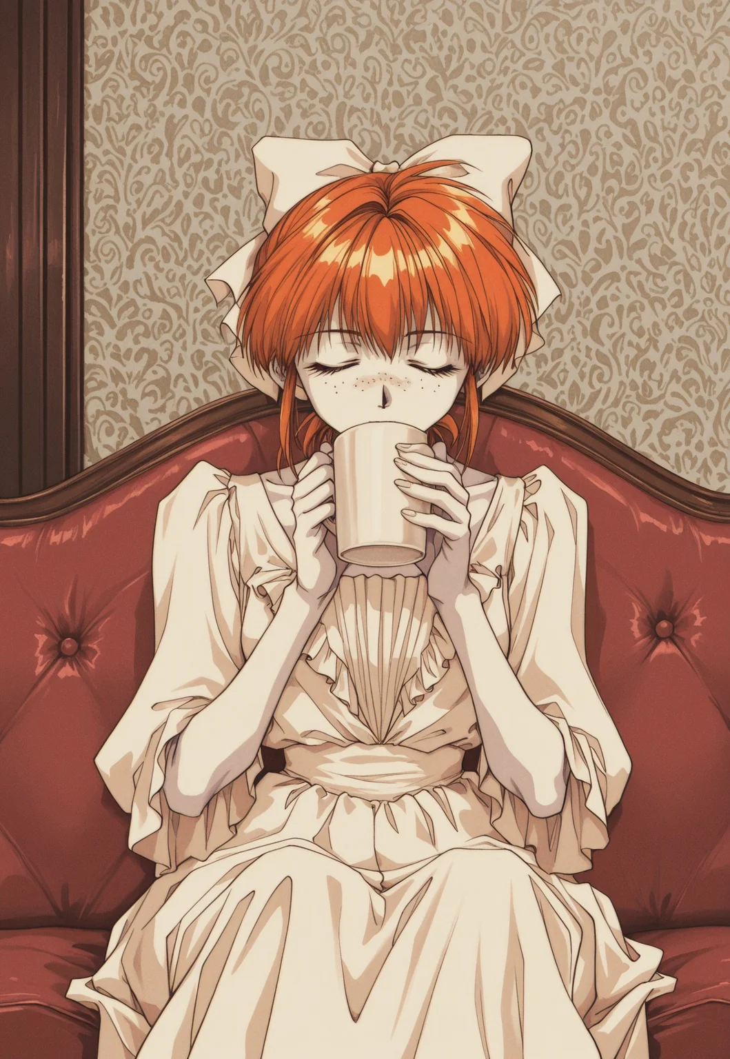 MinekuraStyle, official art, cover, 1990s style, retro artstyle, film grain, BREAK
1girl, sitting, indoors, on couch, holding cup, closed eyes, drinking, white dress, elegant outfit, white hair bow, orange hair, freckles, pale skin, manor