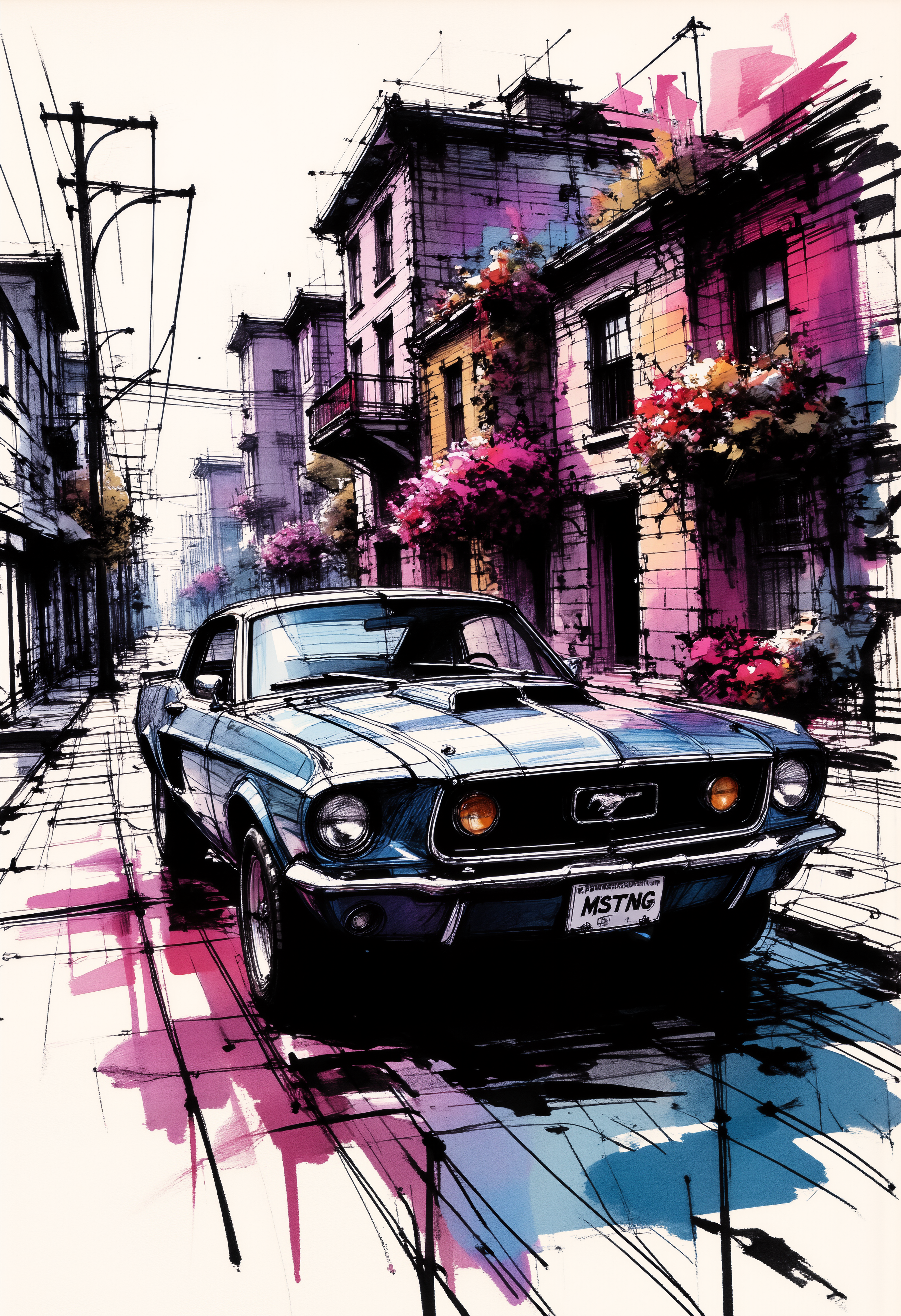 loose vector sketch of a classic American mustang muscle car with licence plate 'MSTNG' written in handwritten font. The car is parked on an empty, gritty urban street. The car is depicted with bold black outlines and colorful intricate details, capturing the powerful, rugged design with a vintage feel. The background features old, run-down buildings adorned by flowers and telephone poles, conveying an industrial and deserted atmosphere and is displayed in ink stains in shades of pink and violet. The illustration combines comic book style elements with ink wash techniques, giving the artwork a raw, expressive feel. Whole image is adorned with faded ink stains and frame.