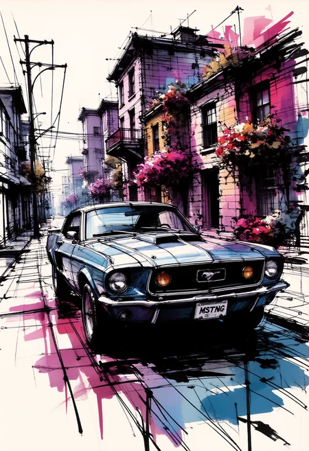 loose vector sketch of a classic American mustang muscle car with licence plate 'MSTNG' written in handwritten font. The car is parked on an empty, gritty urban street. The car is depicted with bold black outlines and colorful intricate details, capturing the powerful, rugged design with a vintage feel. The background features old, run-down buildings adorned by flowers and telephone poles, conveying an industrial and deserted atmosphere and is displayed in ink stains in shades of pink and violet. The illustration combines comic book style elements with ink wash techniques, giving the artwork a raw, expressive feel. Whole image is adorned with faded ink stains and frame.