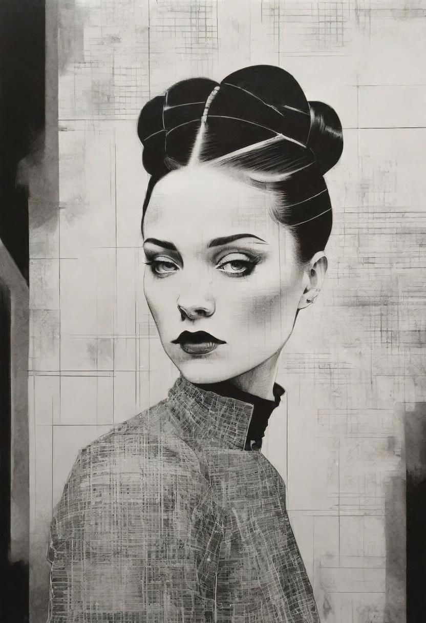 rough crosshatch drawing pop surrealism pop art Lunatic_Portrait of a girl in latex, slick back, low bun, black makeup, tj