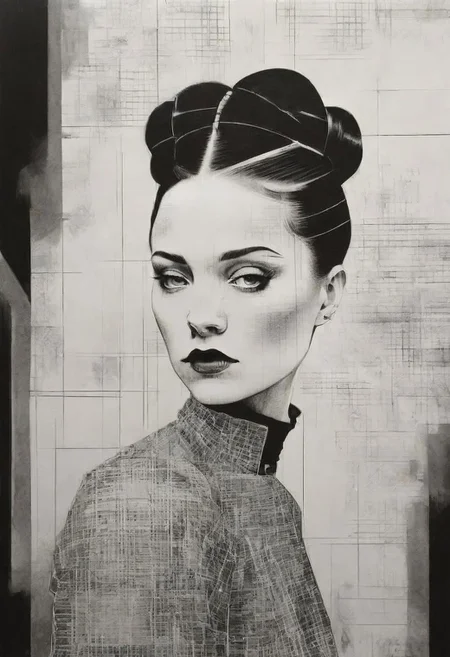 rough crosshatch drawing pop surrealism pop art Lunatic_Portrait of a girl in latex, slick back, low bun, black makeup, tj