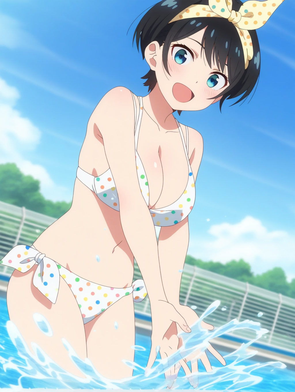 masterpiece, best quality, amazing quality, intricate detail, detailed, anime coloring, <lora:Ruka_Sarashima_LW:0.8> Ruka_Sarashina_LW, anime screenshot, blue eyes, black hair, short hair, yellow polka dot hairband, bangs, 1girl, solo,
polka dot bikini, white bikini, side-tie bikini bottom, large breasts, pool, sky, happy, water, dutch angle, depth of field, splashing water, water droplets, looking at viewer,