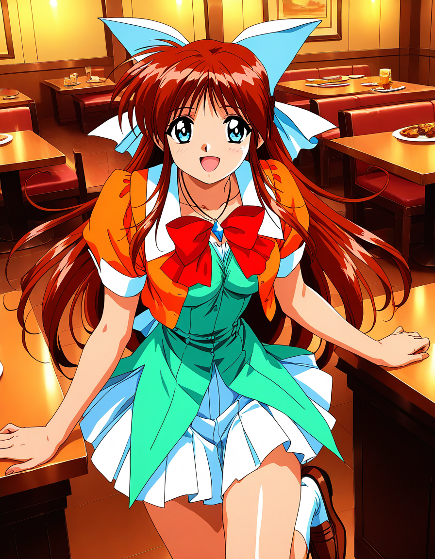 general,highres, game cg, ultra-detailed,very aesthetic,best quality ,best hands,  BREAK <lora:Hinomori_Azusa_OVA_IS:1> 1990s \(style\),anime coloring, 
Hinomori_Azusa_OVA, 1girl, very long hair, brown hair, white ribbon, blue eyes, hair ribbon, breasts, bangs, 1990s \(style\),anime coloring, 
 jewelry, loafers, pleated skirt, socks, smile, necklace, hair bow, pendant, orange jacket, cropped jacket,  short sleeves, green dress, white skirt, red bowtie, front view, looking at viewer, open mouth, at a restaurant , modern indoors,