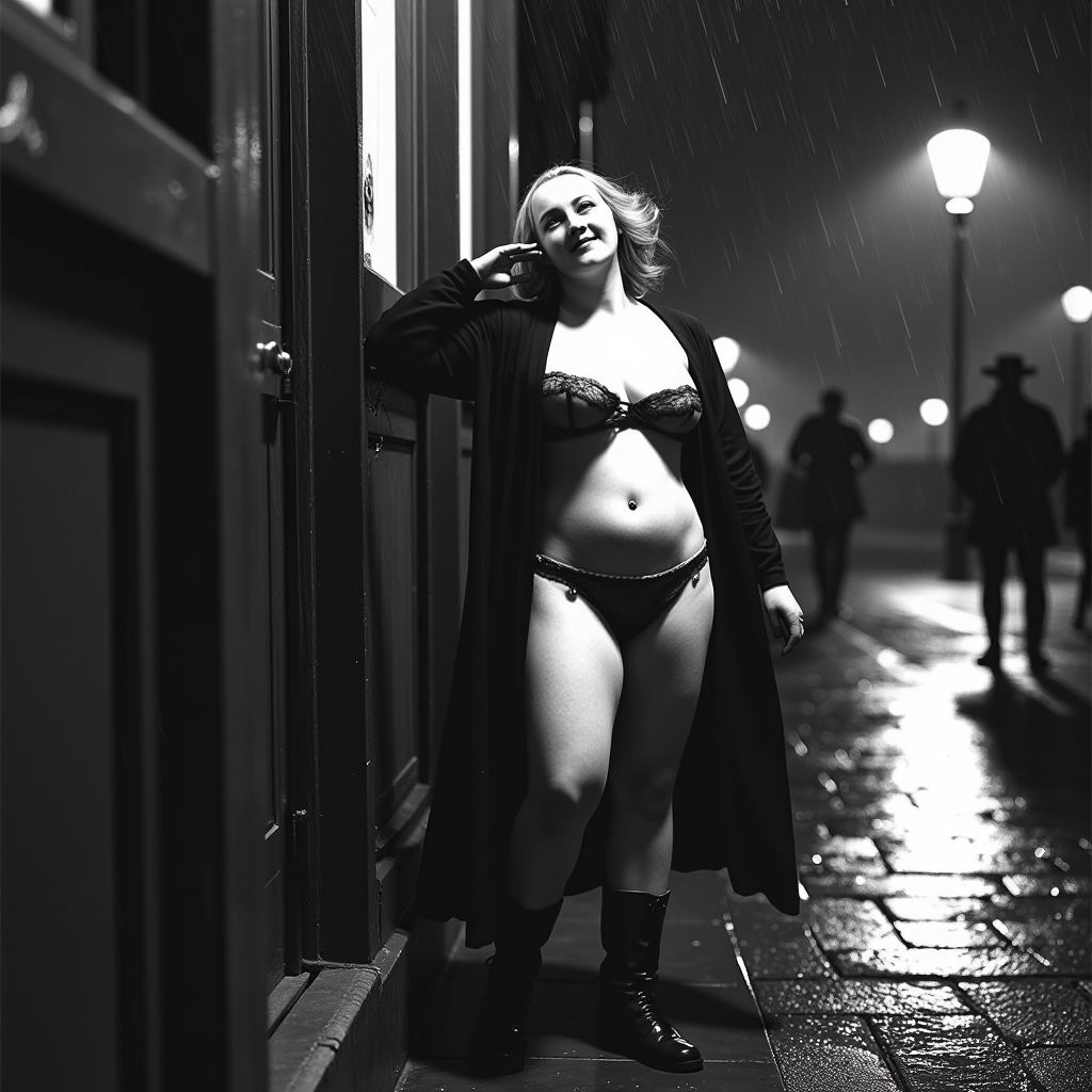 V1nt4g3 . F4sh10n This is a black and white photograph from the late 19th or early 20th century, featuring On a rainy, dimly lit street, the sound of raindrops hitting the pavement filling the air, a redhead curvy woman with an hourglass figure stands under a faint streetlight, her large hips and small breasts accentuated by an open long coat that's blowing back in the wind. Underneath the coat, she's wearing a red lace bra that showcases her curves and a lace thong that leaves little to the imagination.

The woman's hair is a wild tangle of blonde locks, blown back by the wind and rain. Her bright blue eyes sparkle with mischief as she looks out at the rainy street, her full lips curled into a sultry smile. Her skin is pale and smooth, illuminated by the faint glow of streetlights that reflect off the wet pavement.

As she stands there, her coat blowing open to reveal her lingerie-clad body underneath, she seems to be embracing the freedom and abandon of being outside in the rain. The droplets hit her skin like tiny fingers, caressing her curves and sending shivers down her spine. She closes her eyes, tilting her head back as she lets out a soft moan of pleasure.

The red lace bra is delicate and intricate, with thin straps that dig into her shoulders and a bow at the center that adds a touch of whimsy. The lace thong is equally revealing, showcasing her buttocks and leaving little to the imagination. As she stands there, she begins to spread her legs wide, exposing herself to the rainy night air.

The sound of thunder rumbles in the distance, adding to the sense of drama and excitement that surrounds this intimate moment. The woman's body seems to be glowing with an inner light, as if she's radiating heat and desire into the cold rainy night.

As she reaches climax point while standing on 1 leg losing balance almost falling then recover , then looks around aware someone may be watching from across street score_9 score_8_up realistic 1girl blonde erotic intimacy public nudity open long coat red lace bra lace thong boots fishnet stockings rainy street
. herbsphoto, herbst photo, candid, color contrast, film grain, analog texture, natural light, three-quarter back light, slivers of light on the face, moody, motion blur.