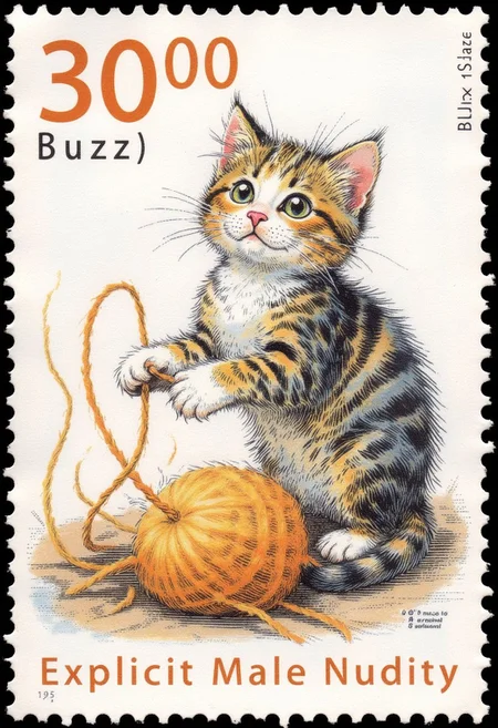 a_ck_postage_stamp_craft, a postage stamp featuring an image of a kitten playing with wool. A "3,000 Buzz]" text is located in the top left corner. The stamp is rectangular. The text "Explicit Male Nudity" is printed at the bottom