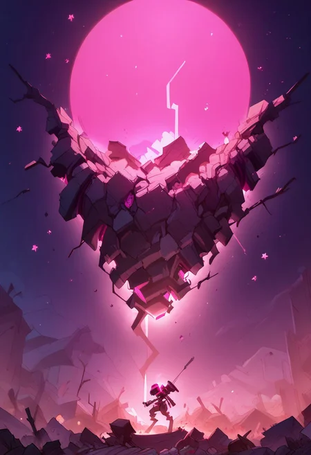 score_9, score_8_up, score_7_up, (((night time, pink lighting)), (dark airfield), giant mech, glowing eyes, (standing), (rubble, falling stars), (depth of field)