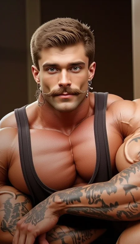 A youngish (18-25) masculine muscle stud @aibfx1 male tattoos everywhere, with body and face IN THE STYLE OF TOMOFFINLAND art. His physiques is masculine and with exaggerated bodybuilder muscles physique, he has macho features such as "Marlboro man moustache" pirate earrings, outrageous white tattoos, his large pectorals are center stage.