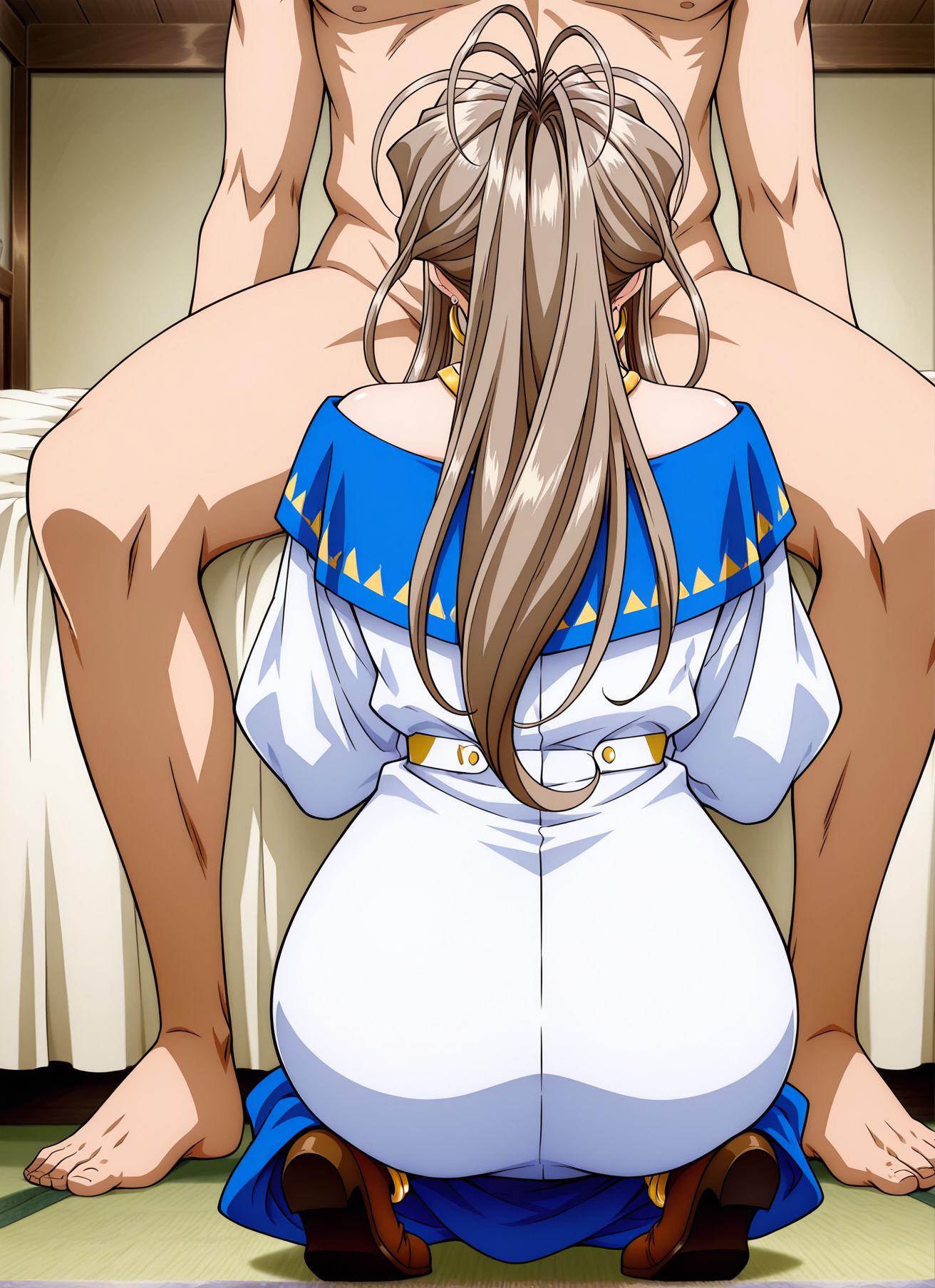 masterpiece best quality newest absurdres highres detailed eyes beautiful detailed background perfect eyes anime coloring anime screencap<lora:add-detail-xl:0.5>,
<lora:implied_blowjob:1>implied_blowjobV1,
1girl,1boy,hetero.
implied fellatio,
implied blowjob,from behind, squatting, full body, back view,
 fujishima kousuke, 
morisato keiichi, 
BREAK
belldandy, 
20 YO,milf, 
 aa megami-sama, official art,