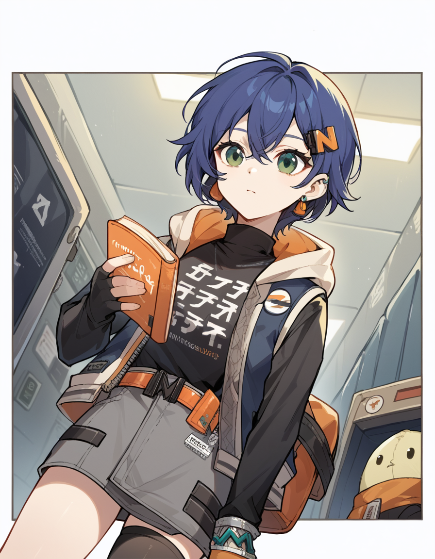 score_9, score_8_up, score_7_up, source_anime, <lora:zzz-belle-ponyxl-lora-nochekaiser:1>, belle, blue hair, green eyes, hair ornament, short hair,, belt, black shirt, black thighhighs, clothes writing, earrings, fingerless gloves, gloves, grey shorts, jewelry, long sleeves, orange belt, orange flower, orange socks, shirt, single fingerless glove, single thighhigh, jacket, hoodie, turtleneck,, airport, waiting area, suitcase, flight delayed, passengers, reading book, cowboy shot, dutch angle