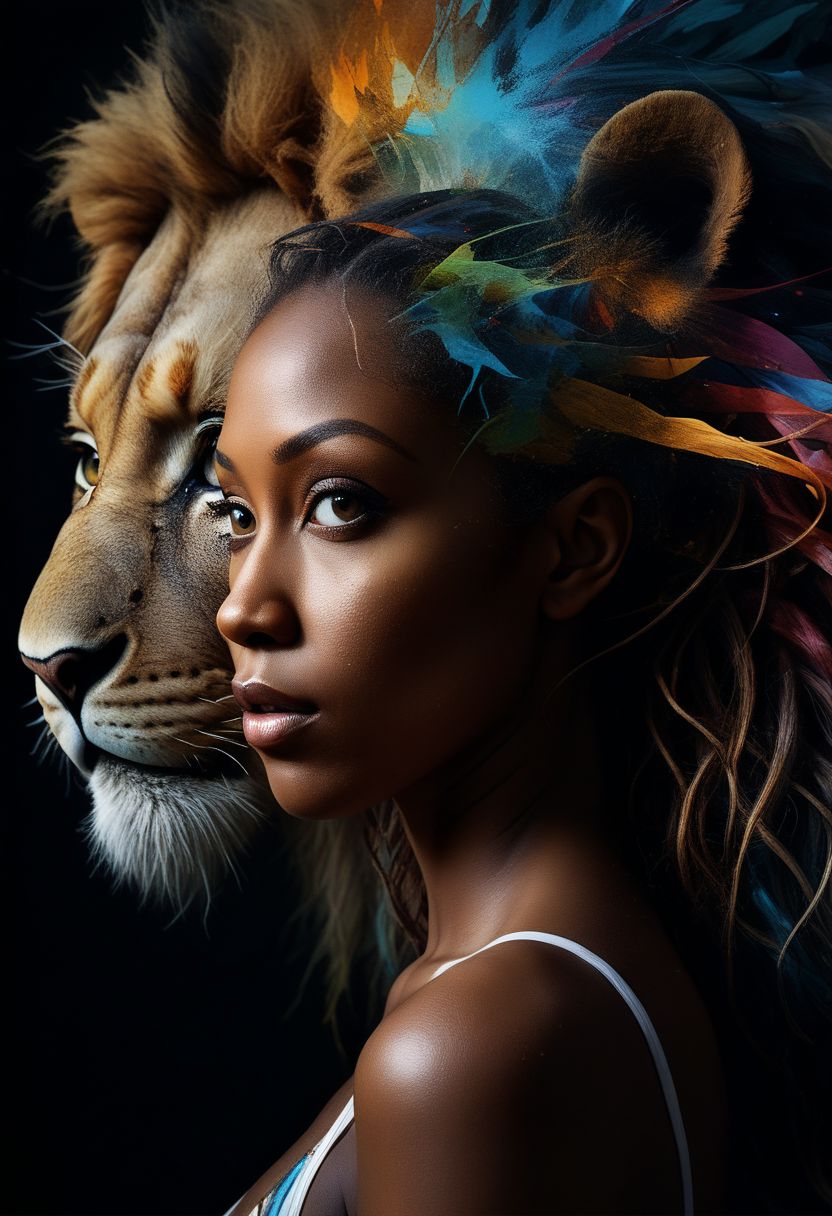 mysterious silhouette of an exotic coloured woman side by side with a lion, in african savannah, goddess, alluring, by Minjae Lee, Carne Griffiths, Emily Kell, Steve McCurry, Geoffroy Thoorens, Aaron Horkey, Jordan Grimmer, Greg Rutkowski, amazing depth, double exposure, surreal, geometric patterns, intricately detailed, bokeh,  perfect balanced, deep fine borders, artistic photorealism , smooth,  great masterwork by head of prompt engineering   <lora:add-detail-xl:2>  <lora:Double_Exposure:0.5>