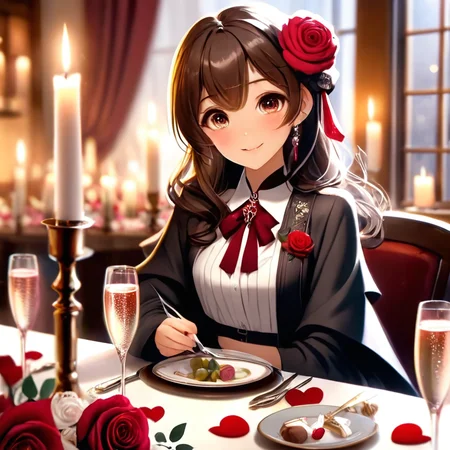 ValentinesDateSDXL,1girl,solo,long hair,cute face,(((whole upper body))),(((Whole head in frame))), (((whole face in frame))), uneven hairline, thick hair,flooking at viewer,blush,smile,bangs,brown hair,shirt,ribbon,jewelry,sitting,jacket,white shirt,flower,earrings,food,cup,petals,black ribbon,neck ribbon,depth of field,rose,table,bottle,knife,red flower,plate,champagne,drinking glass,red rose,fork,candle,wine glass, fancy champagne glass,candlestand,champagne flute,champagne,pov across table ,valentine,valentine style,nice hands, <lora:KataraV2:0.8> katara, <lora:ValentinesDateSDXL:1>,valentine style,fancy champagne