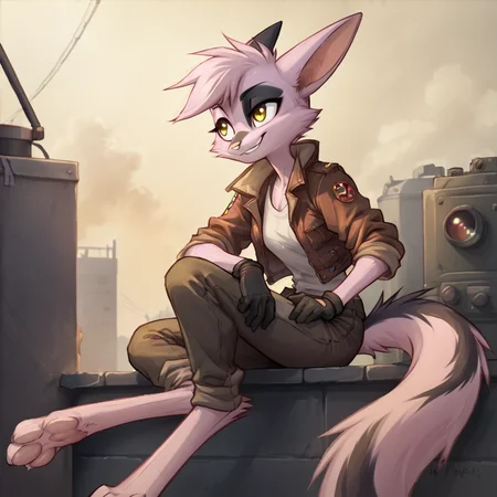 score_9, score_8_up, score_7_up, score_6_up, score_5_up, score_4_up, source_anime, BREAK
<lora:ViriathusPony:0.8>,viriathusvayu,
1girl,, solo, furry, sitting, pants, jacket, couch, gloves, animal ears, smile, yellow eyes