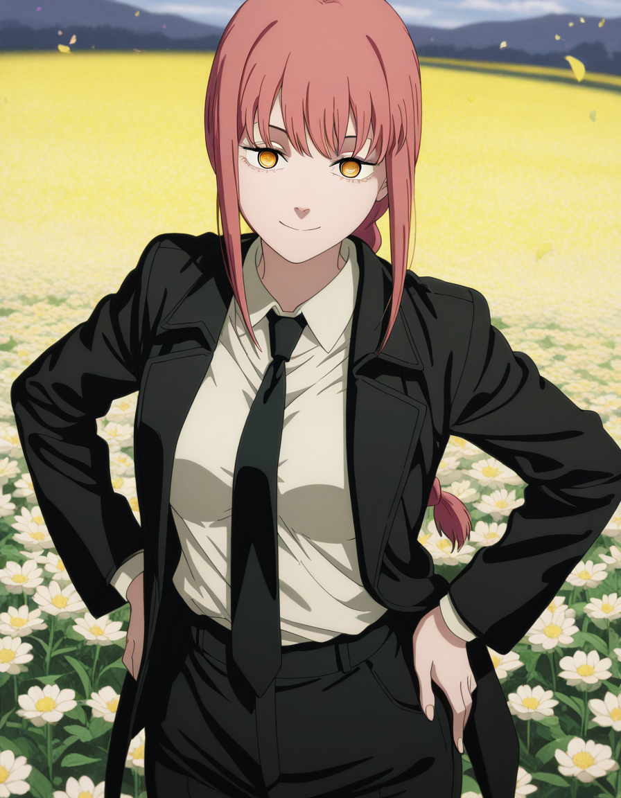 masterpiece, best quality, amazing quality,, <lora:chainsawman-makima-s1-illustriousxl-lora-nochekaiser:1>, makima, makima (chainsaw man), long hair, bangs, yellow eyes, braid, red hair, braided ponytail, ringed eyes, mature female, medium breasts, anime screencap, shirt, long sleeves, jacket, white shirt, necktie, collared shirt, pants, black jacket, black pants, formal, suit, black necktie, shirt tucked in, office lady,, smug, hands on own hip,, flower field, colorful, petals, scent, bloom, cowboy shot, solo, looking at viewer