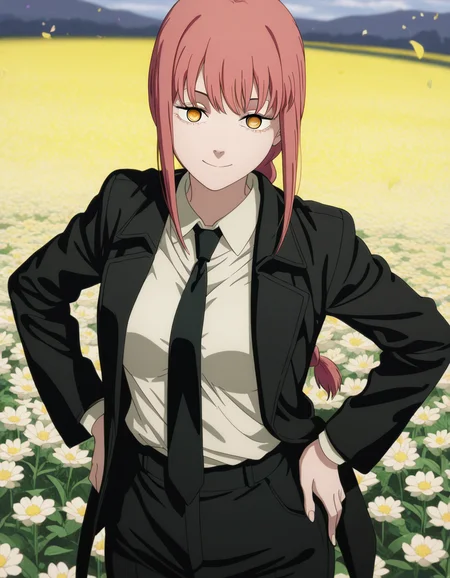masterpiece, best quality, amazing quality,, <lora:chainsawman-makima-s1-illustriousxl-lora-nochekaiser:1>, makima, makima (chainsaw man), long hair, bangs, yellow eyes, braid, red hair, braided ponytail, ringed eyes, mature female, medium breasts, anime screencap, shirt, long sleeves, jacket, white shirt, necktie, collared shirt, pants, black jacket, black pants, formal, suit, black necktie, shirt tucked in, office lady,, smug, hands on own hip,, flower field, colorful, petals, scent, bloom, cowboy shot, solo, looking at viewer