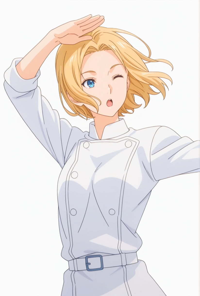 Smooth Quality,masterpiece,very intricate, high quality details, ultra realistic, high detailed skin,detailed enviorement,absurdres,
simple background, white background,solo,dancing, wind, 
front view,;o,
 <lora:FoodWCNN:0.8> foodwarstylecnn,
 takumi_cnn, 1boy, blonde hair, blue eyes, white jacket