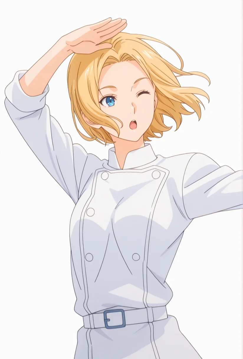 Smooth Quality,masterpiece,very intricate, high quality details, ultra realistic, high detailed skin,detailed enviorement,absurdres,
simple background, white background,solo,dancing, wind,
front view,;o,
<lora:FoodWCNN:0.8> foodwarstylecnn,
takumi_cnn, 1boy, blonde hair, blue eyes, white jacket