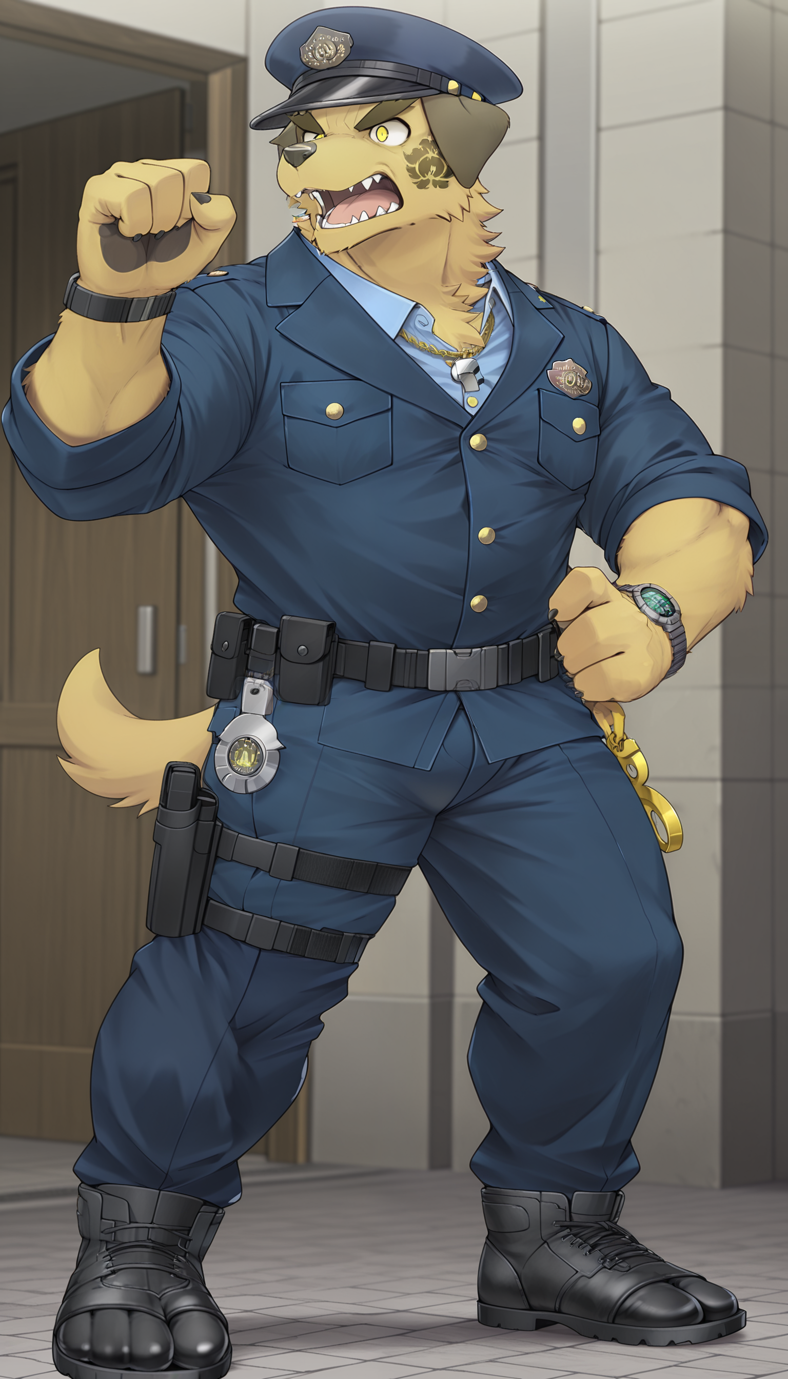 masterpiece, best quality, amazing quality, 1boy, solo,
Nobumichi, dog boy, yellow eyes, police uniform, police hat, blue uniform jacket, blue shirt, chest tuft, silver whistle on necklace, blue pants, black tabi, watch, action pose,