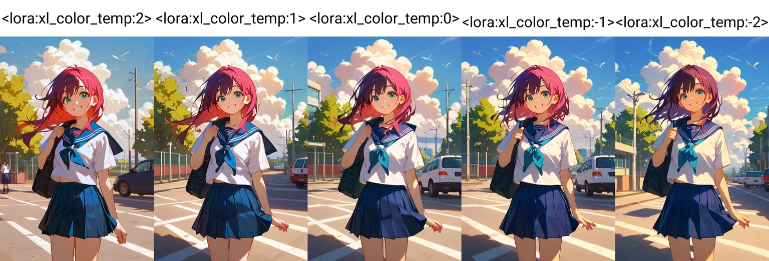 score_9_up score_8_up score_7_up, 1girl, serafuku, school uniform, pleated skirt, smile, blue sky, cloudy sky, street
<lora:xl_color_temp:2>