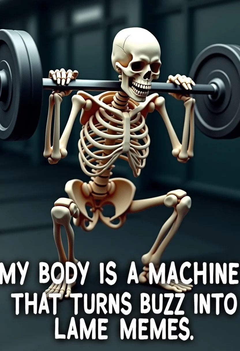 A realistic gym background with a semi-realistic skeleton viewed from the side, squatting with a barbell. Barbell is on the skeleton's shoulders. Zoom in on skeleton. The skeleton has its mouth open as if in effort. At the bottom of the image there are meme letters spelling out "My body is a machine that turns buzz into lame memes.” The text should be in bold, clear letters, prominently displayed to be legible and integrated into the scene.
