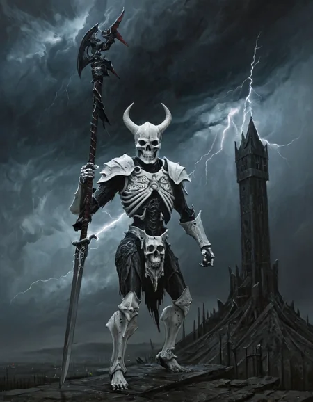 wynbrlwsty, A dark, gothic painting of a humanoid figure with a skeletal body and a helmet with horns, standing on one leg and holding a large sword. The background features a dark, stormy sky with lightning, and a towering, jagged structure. The figure has a white, armor-like outfit