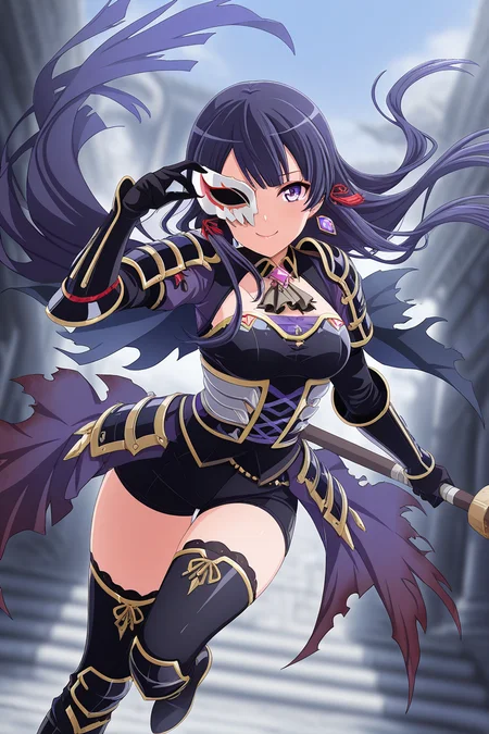 masterpiece, best quality, amazing quality,
<lora:Tamao_IL:1> tamao, 1girl, solo, mask, gloves, purple eyes, long hair, armor, thighhighs, blurry background, black gloves, looking at viewer, blurry, breasts, boots, jewelry, bangs, official alternate costume, floating hair, smile, shoulder armor, holding, torn clothes, medium breasts, underbust, torn cape, deathsk