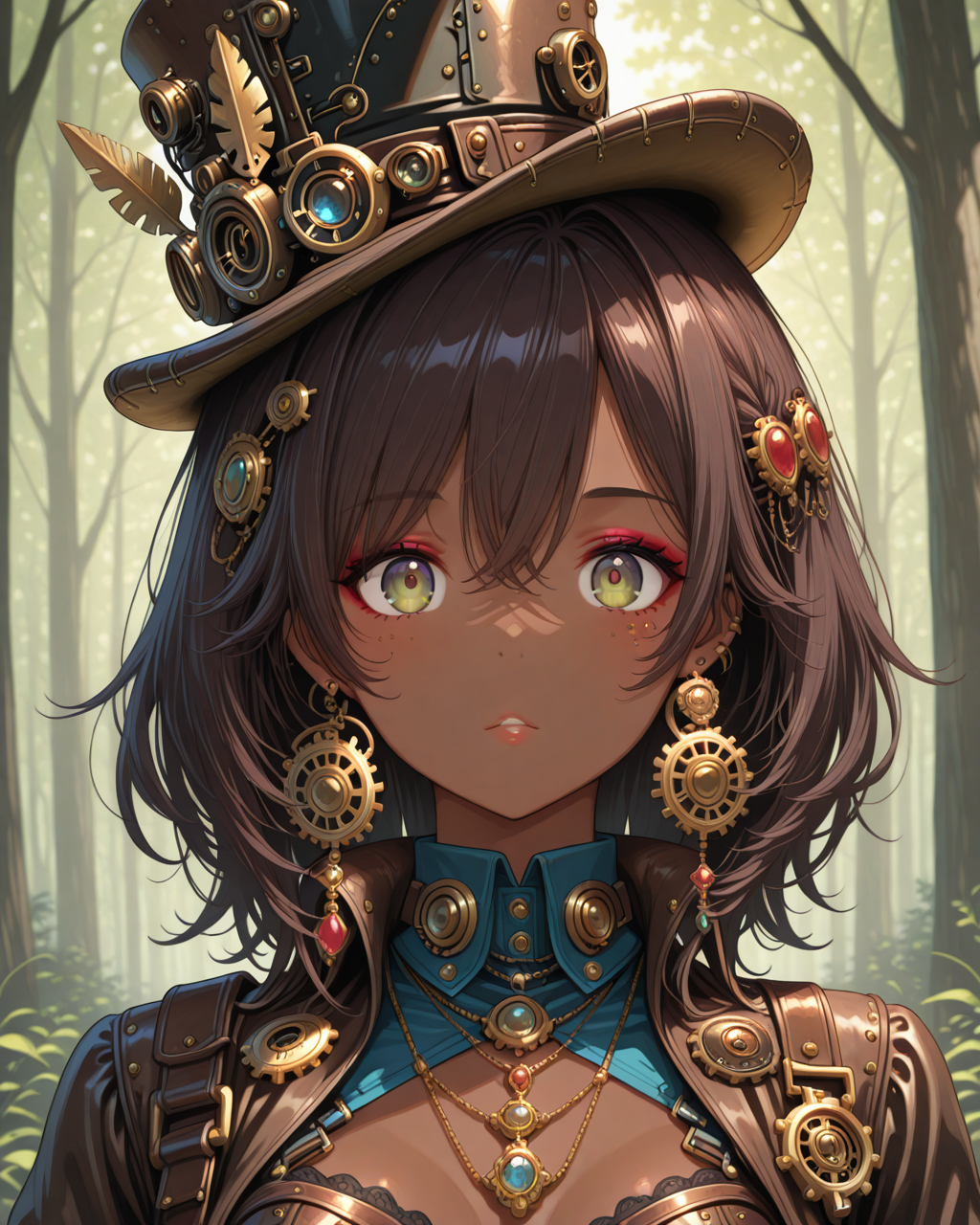 masterpiece,best quality,highres illustration,detailed face,1girl,<lora:overacc_IL:1.5>,accessories,dark-skinned female,forest,top hat, steampunk,