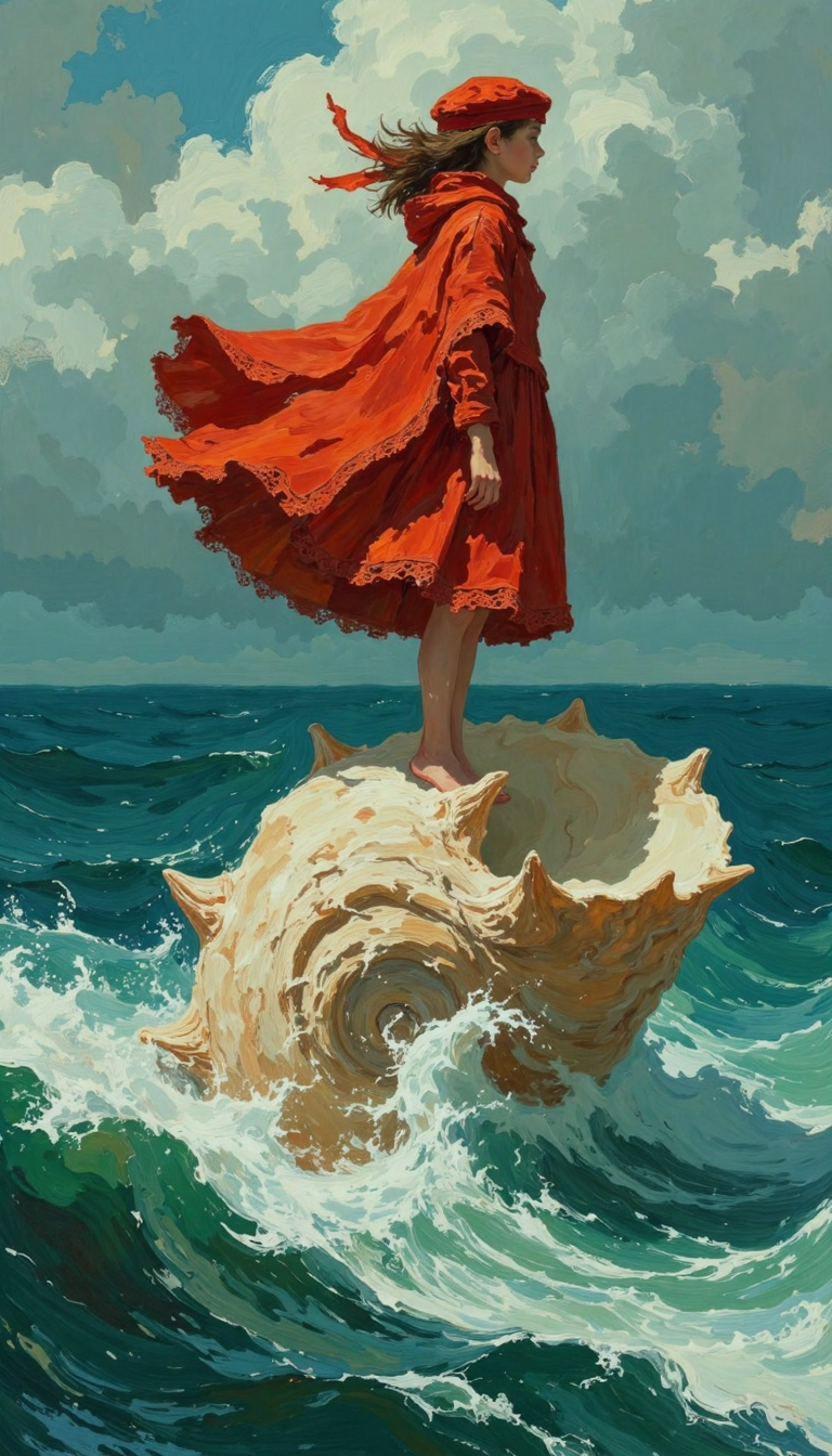 This whimsical and surreal image captures a delicate balance between calm and chaos. The vibrant red of the girl's dress provides a striking focal point, symbolizing strength or individuality against the cool, muted tones of the ocean and sky. The intricate textures of the dress and shell add richness, while the dynamic scarf and windswept elements suggest movement and vitality. The overall mood is dreamlike, evoking a fairytale-like narrative of solitude, courage, and connection to the natural world.