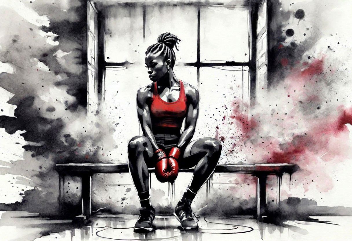 visiblend, inkpunk three colors only (anime:0.3), ink and paper illustration, inked, female boxer, African American, tight braids, at a distance, muscular, broad shoulders, boxing gloves, sports bra, boxing shorts, boxing pose,l, abandoned locker room, bench, sitting, bleak, ink splashes, ink spots, ink smears, evoking thinking and mental prep, desolate, bold strokes, ink illustration, dusty, night, dark, dust billowing, powder in the air, vision obscured, rays of light, gray and black and deep crimson tones, light streaming thru window