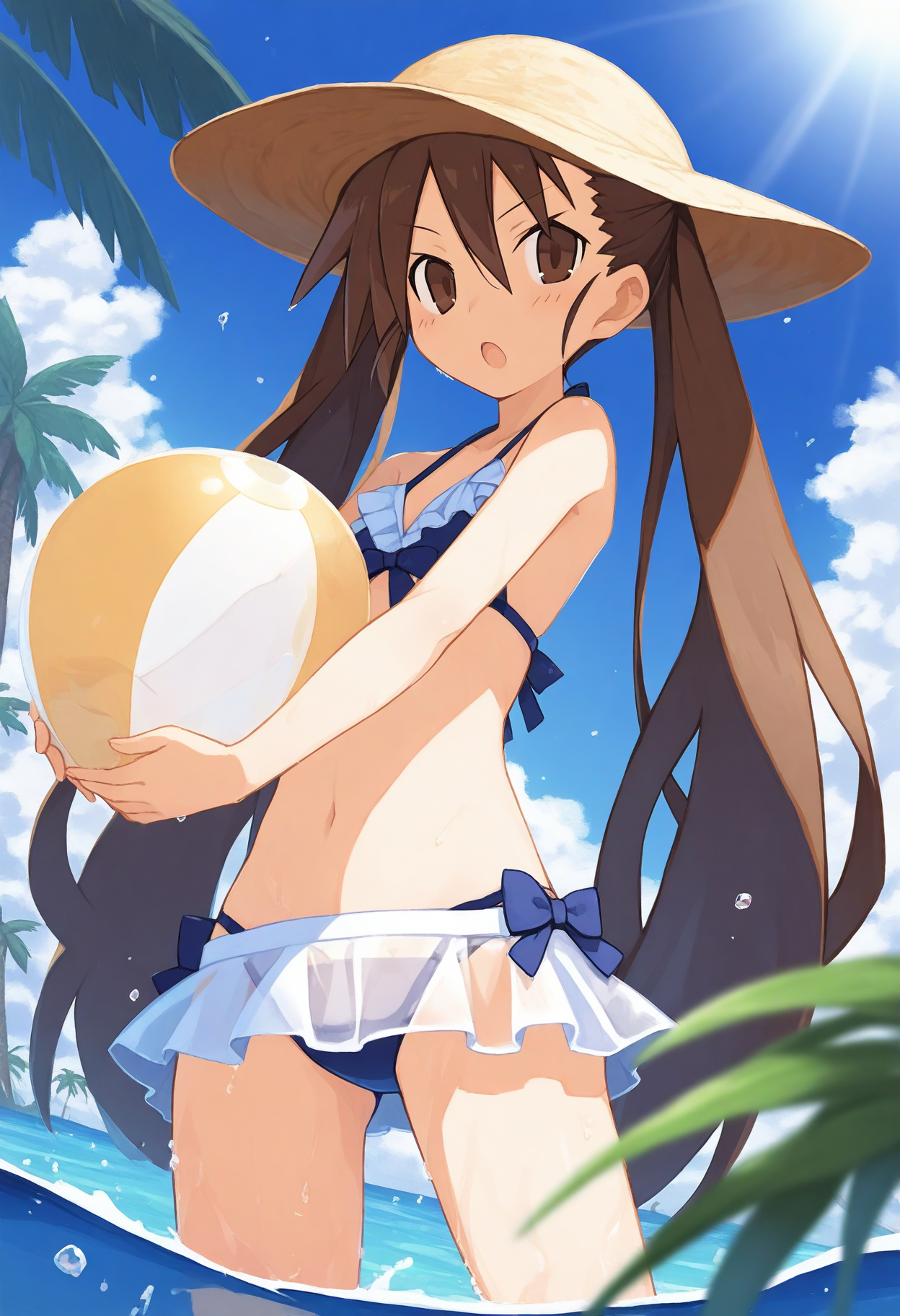<lora:kazamatsuri_fuuka_illust>, 1girl, kazamatsuri fuuka, harada takehito, brown hair, hat, long hair, brown eyes, twintails, :o, ball, bare shoulders, barefoot, beachball, bikini, bikini skirt, blue sky, blurry, blurry foreground, cloud, cowboy shot, day, frills, holding, holding ball, light blush, looking at viewer, miniskirt, ocean, open mouth, outdoors, palm tree, see-through ball, skirt, sky, solo, standing, summer, sunlight, swimsuit, tree, wading, (masterpiece, best quality, newest, recent, absurdres)
