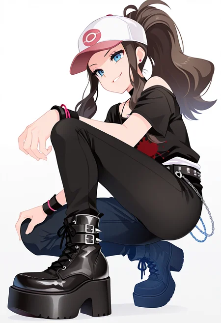 masterpiece, best quality, 1girl, solo, eyelashes, (beautiful eyes), zzHilda, blue eyes, long hair, high ponytail, sidelocks, hat, <lora:HildaPokemonIXL_e08:1.0>, head tilt, smirk, squatting, low angle, from side, foot focus, platform footwear, C0utur3Cr4z3, solo, simple background, shirt, 1boy, white background, jewelry, standing, full body, male focus, boots, shoes, choker, belt, pants, necklace, off shoulder, black footwear, bracelet, black shirt, chain, black pants, t-shirt, spikes, , print shirt, fashion, studded belt, <lora:CoutureCraze_IXL:1.0>,