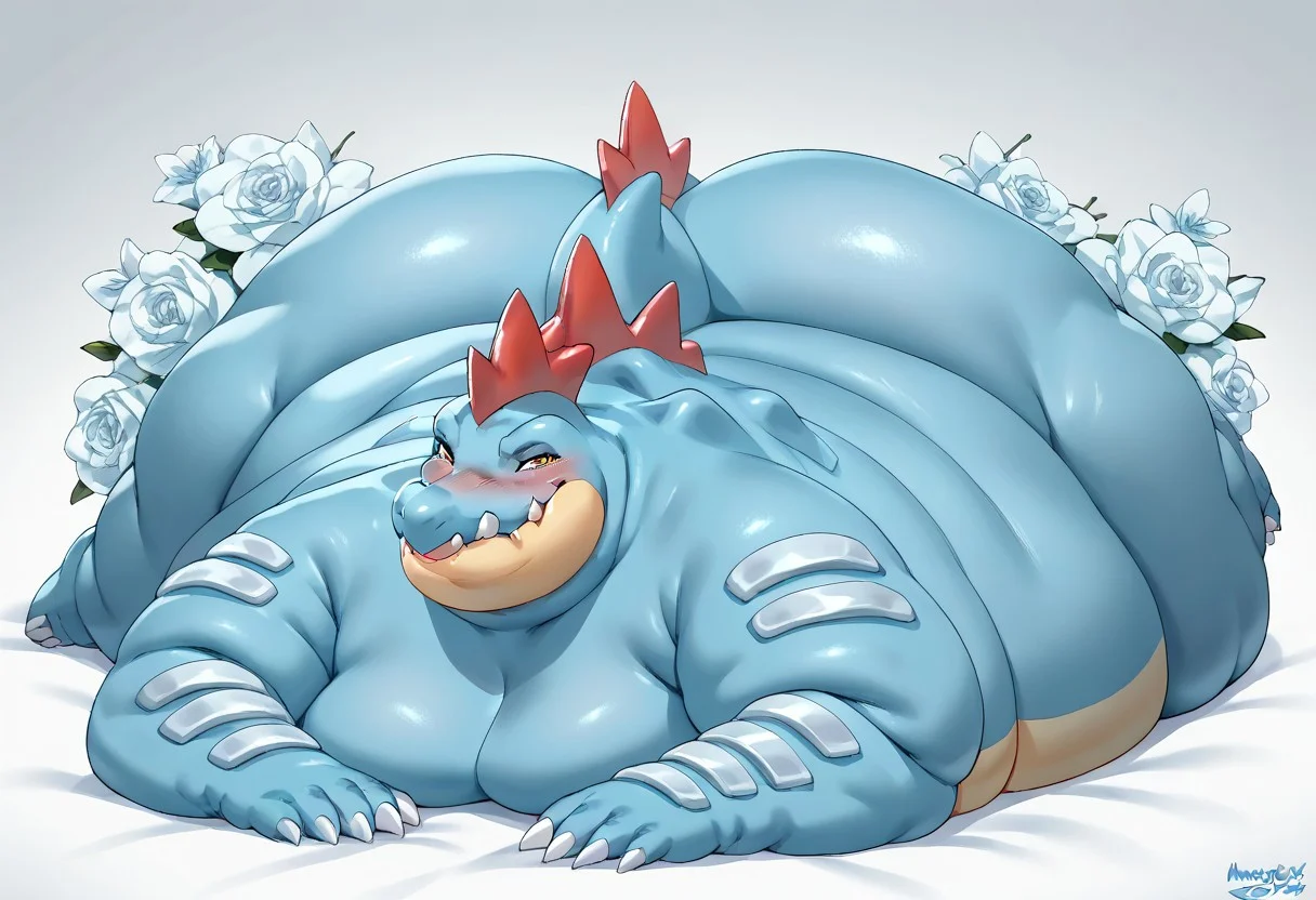 score_9, score_8_up, score_7_up, sexy poses, blush, Lying on the ground
a solo female feraligatr (morbidy obese:300,0), huge butt, flabby butt
Looking at you
Rear view
Beautiful background