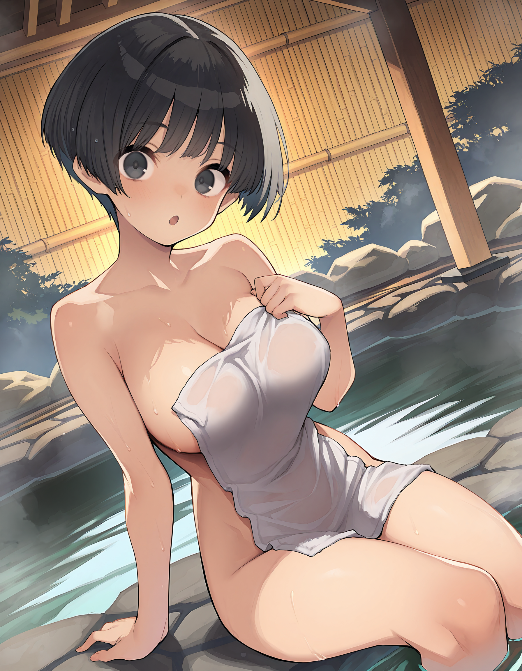 ((ultra-detailed)), ((best quality)), ((beautiful eyes)), ((extremely detailed)), 4K, (8K), best quality, (beautiful), Master piece, highres, best quality, official art, highres, masterpiece, newest,aoiikusaba, solo, :O, large breasts, black eyes,towel, nude cover, onsen, open air bath, angle view, upper view, looking at viewer, detailed background, sitting on edge, open legs, holding towel,