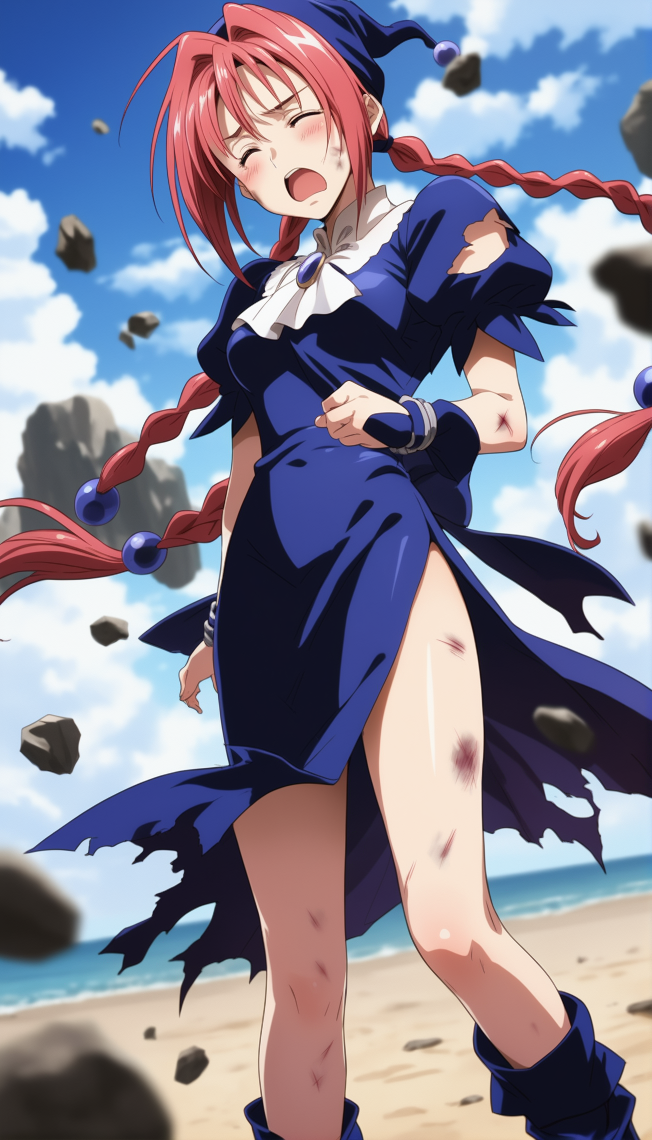 score_9,score_8_up,score_7_up,
<lora:dorothy>,doroshii,1girl,solo,
pale skin,red eyes,long pink hair,bangs,two braided pigtails,black scrunchie,black cap with ball on end,
dress with slit on left side up to hip,large bow on lower back,short puffed sleeves,tight around torso,shows breast shape,white collar,mail coach tie,black boots below knees,dark purple jewel on tie,
outdoors,beach,soft clouds drifting,summer,
vignetting,blurry background,
torn clothes,facing aside,closed eyes,frown,open mouth,teeth,blush,pained look,
full body,left foot out of frame,being attacked,(lower half of breasts exposed:1.1),tattered fabric particles debris disintegration effect,injury,from below,